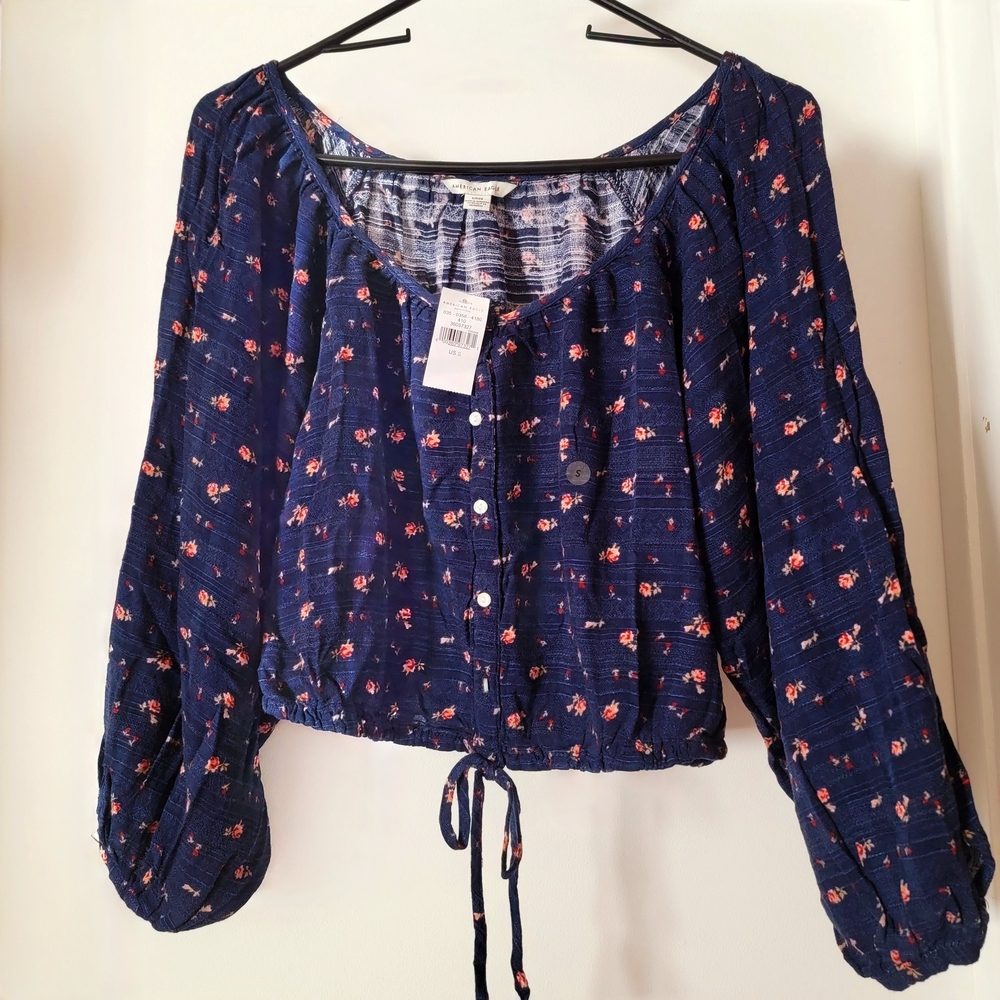 American Eagle Outfitters Blue/ Pink Tie Front Crop Blouse - Small